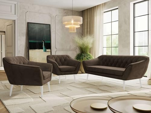 MKS MEBLE Sofagarnitur PIRS 3 + 1 + 1 - Couchgarnitur im skandinavischen Design, Gesteppte Polsterung, Wellenfederung, Wohnzimmer Sofa Set - Weiße Beine, Braun Velvet
