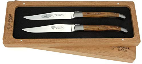 Laguiole en Aubrac - 2er Set original Laguiole Steakmesser aus Frankreich - Griffschalen Pistazien-Holz - Tafelmesser