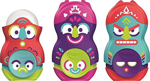Maped - Schulmaterial - Duo Anspitzer + Radiergummi Loopy Totem - Bleistiftspitzer mit Radiergummi - Spanfach - Ersatzgummi - 3 Designs mit Seiten