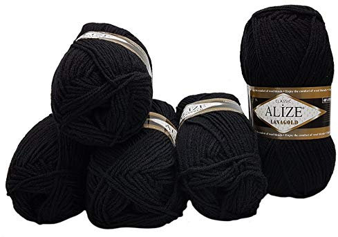 Alize Lanagold 5 x 100g Strickwolle mit 49% Wolle 500 Gramm Wolle einfarbig (Schwarz ( 60 ))
