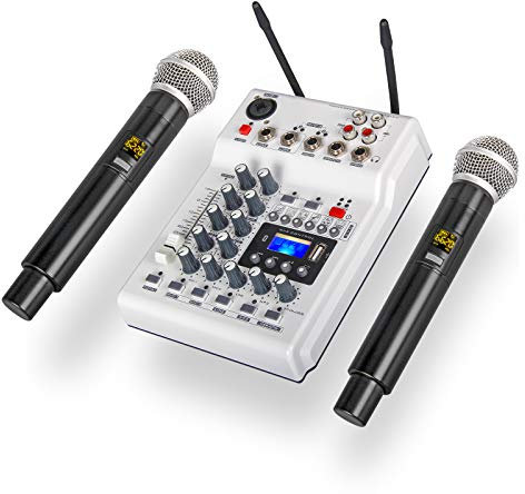 Debra Audio DJ Console Mixer Soundcard con microfono wireless UHF a 2 canali per Home Studio Registrazione DJ Network Live Karaoke