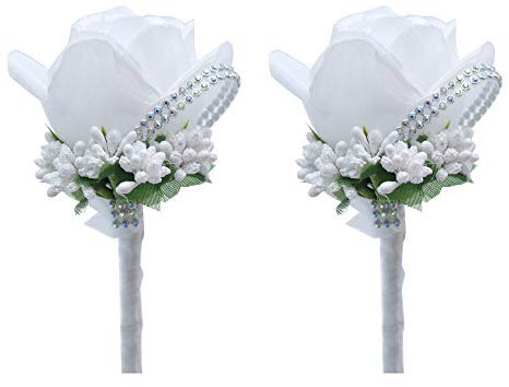 Shiwaki 2 pezzi Fiore Artificiale Uomini Asole a Mano in Seta Rosa Uomini Corpetto per il Ballo di Nozze Forniture per Matrimonio Decorazione (Bianco)