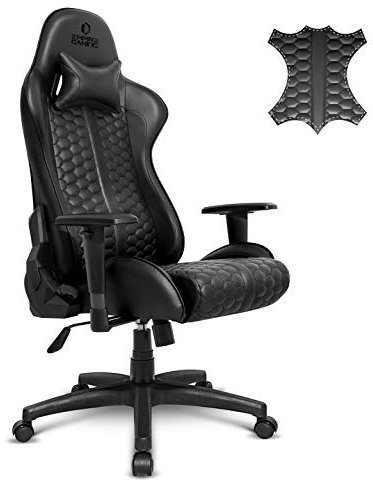 EMPIRE GAMING - Black Edition Chaise Gaming Fauteuil de Bureau Gamer - Cuir Véritable - Siège Ergonomique Coussin Lombaire Intégré - Dossier Inclinable Accoudoirs Réglable