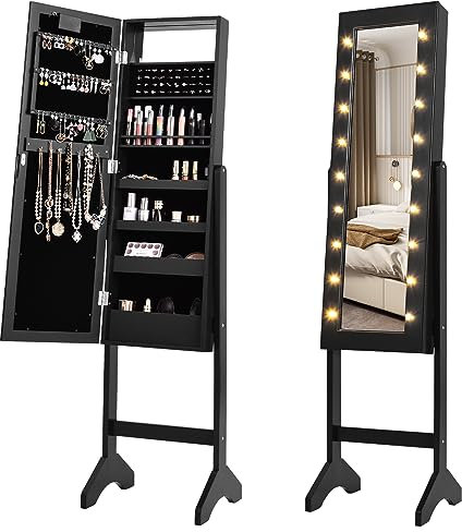 GOPLUS Armoire à Bijoux, Armoire a Bijoux avec Miroir sur Pied avec Lumières LED, Miroir Intégré, Organisateur de Bijoux Verrouillable avec Crochet de Collier, 4 Etagères (Noir)
