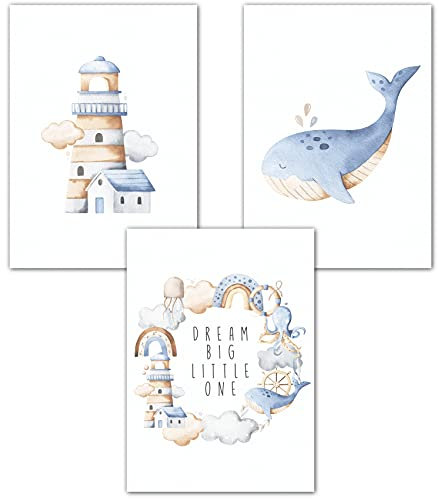 Lemmami Papeterie 3er Set Boho Deko Wandbilder Kinderzimmer Babyzimmer Poster Bilder Mädchen Jungen Dream Big Little One (Blau Wal Regenbogen Leuchtturm)