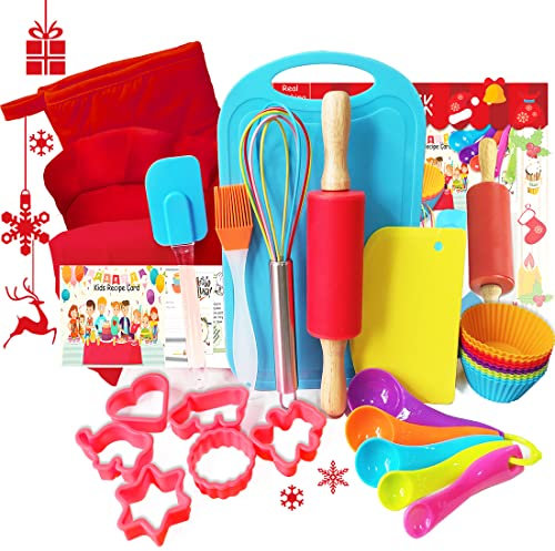 Juego de hornear para niños, suministros de kit de cocina real con delantal para niños, sombrero de chef, guante de horno, recetas y accesorios de cocina, herramientas para niños pequeños, regalo