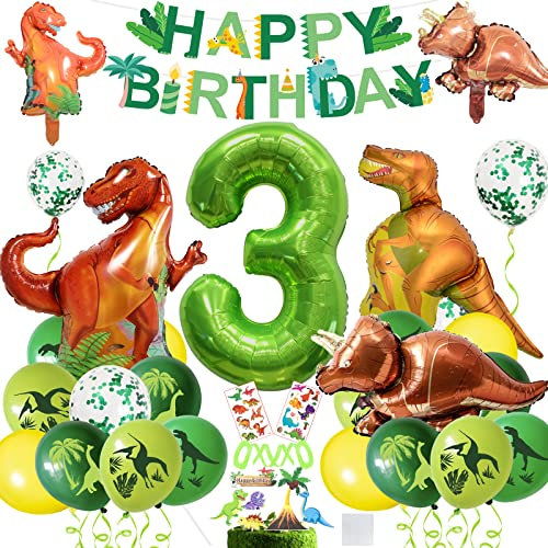 XXL Dino Geburtstag Deko, Geburtstagsdeko 3 Jahr Jungen,Folienballon Zahlenballon 3,Luftballons Grün für Dinosaurier Party Dekoration Dschungel Party Kinder