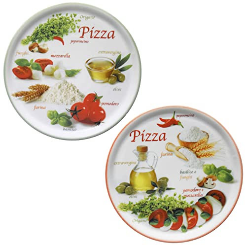 MamboCat 2er Set Pizzateller Napoli Green & Red Ø 33,8 cm I weiße Porzellanteller mit bunten Motiven zum Servieren für Antipasti und Tomate-Mozzarella I Doppelpack Pizzaplatte große Servierteller