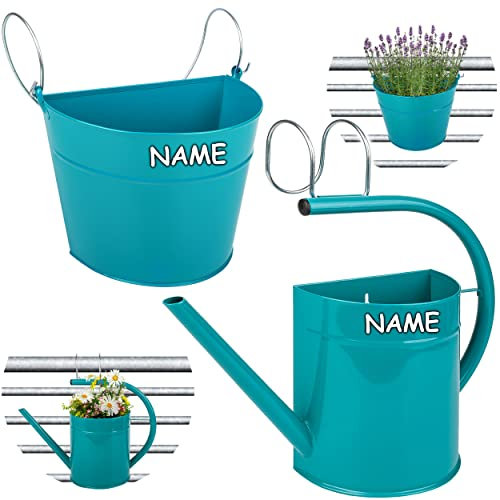 alles-meine.de GmbH 6 TLG. Set: Hänge - Töpfe Farbwahl Blumentopf/Wandvase/Hängetopf - inkl. Name - Ø 35 cm - Metall - türkis blau/Mint - Gießkanne - HALB RUND - Hängen..