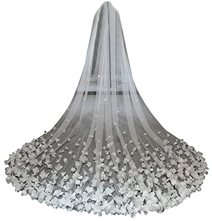 Braut Hochzeitsschleier Bridal-Schleier-lange Hochzeitsschleier 3D-Blumen-Blumen-Spitze weißer luxuriöser Schleier für Braut mit Kamm Wunderschöner Brauttüll ( Color : Ivory , Item Length : 300cm )