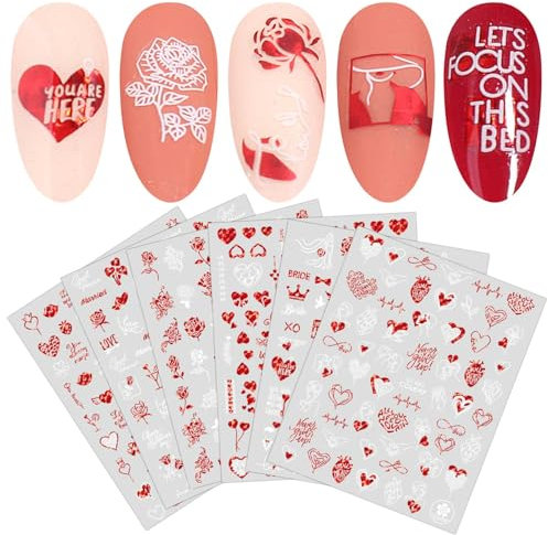 JMEOWIO Nagelsticker Valentinstag 9 Blatt Nagelaufkleber Selbstklebend Liebes-Rosen-Blumen-Muster-rotes Weiß Nail Art Sticker Dekoration Nageldesign Zubehör