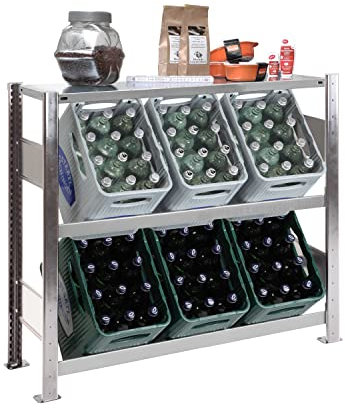 Getränkekistenregal für 6 Kästen, 100 x 106 x 33,6 cm, verzinkt, 2 Ebenen + Regalboden, 150 kg Tragkraft pro Ebene/Boden, Industriequalität Made IN Germany, Kastenständer, Flaschenkastenregal