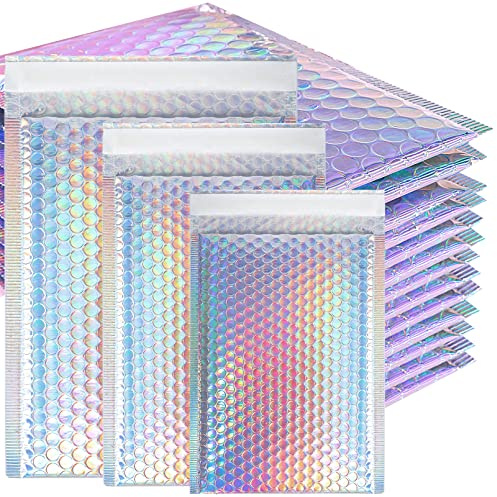 50 Pcs Metallic Bubble Mailers,Poly Padded Envelopes,Waterproof Self Seal Adhesive Shipping Bags,Foil Glitter Glamour Shipping Mailer,Holographic Cushion Envelopes for Mailing,Packing,Small Business