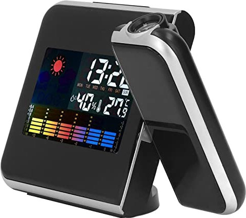 Projektionswecker mit Außensensor, Innen-Außen-Thermometer, Drahtlose Temperatur- und Luftfeuchtigkeitsüberwachung und Wettervorhersage für Schlafzimmer, öffentliche(Schwarz ohne Verkabelung)