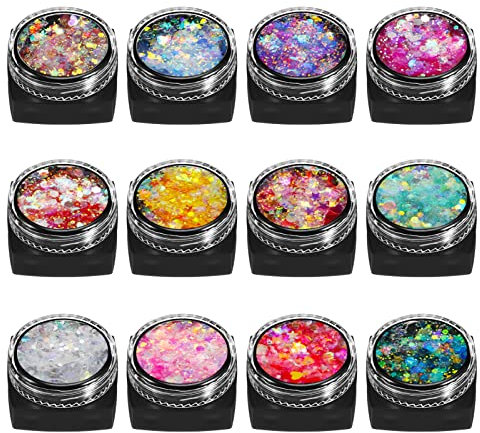 Dacitiery 12 Colours Face Glitter Gel Festival Cosmetic Glitter Sequins Body Glitter Sparkling Decoration Chunky Glitter Beauty Set for Hair Cheeks and Nails