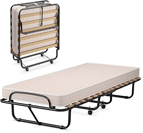 GOPLUS Gästebett 80x190 cm, Klappbett mit Matratze, Stahlrahmen, Einzelbett Erwachsene für Schlafzimmer& Büro (Beige)