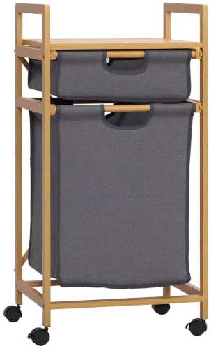 HOMCOM Mueble Cesto para Ropa Sucia de Bambú 2 Bolsas 42x35x84,5 cm Gris | Cesta para la Colada, 2 Bolsas de Tela Extraíbles, Estante Abierto, 2 Asas Laterales, 4 Ruedas