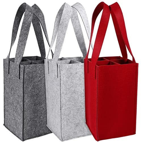 3 Pcs Felt Wine Bottle Carrier Bags - 4 Bottle Tote Bags with Handle for Wine, Beer, Whisky - Reusable Gift Bags for Travel, Picnic, Celebrations, Housewarming, Christmas Party (Assorted Colors)