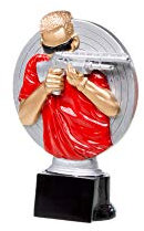 eberin · Schießsport-Pokal, Resinfigur Gewehrschütze, Silber rot und Rosegold, mit Wunschtext, Größe 16 cm