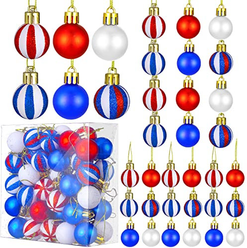 54 patriotische Kugel-Ornamente, Unabhängigkeitstag, Kugel-Ornamente zum Aufhängen, 4. Juli, Dekoration, Rot, Blau, Weiß, Ornamente für Geschenke, Baum, Heimparty, 3.8 cm (solide und gestreift)