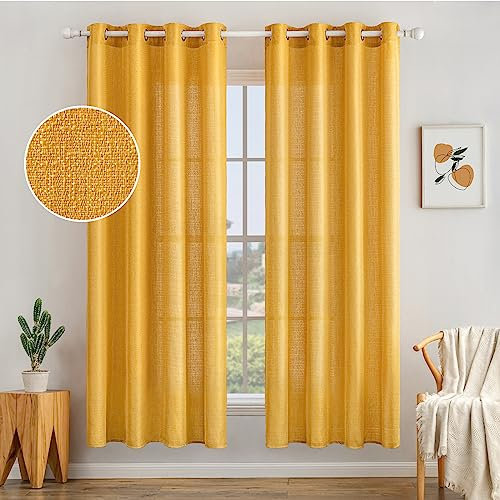 MIULEE 2er Set Voile Vorhang Sheer Leinenvorhang mit Ösen Transparente Unregelmäßige Textur Gardine Ösenschal Fensterschal Lichtdurchlässig für Schlafzimmer, Gold, 160 x 140cm(H X B)