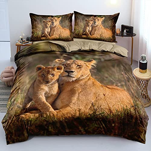Bettwäsche 155x220 3D Löwe Tier Bettbezug Set 3 Teilig Afrika Wildtiere Microfaser Weich Bettbezüge + 2 Kissenbezuge 80x80 cm, mit Reißverschluss