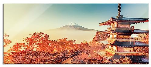 Pixxprint Glasbild Panorama, Wandbild aus Echtglas, Japanischer Tempel in bunten Baumwipfeln, 120x50 cm, inkl. Aufhängung und Abstandshalter