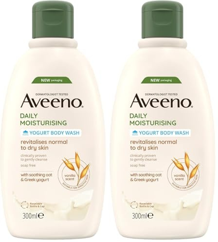 Aveeno Daily Moisturising Yogurt Body Wash Shower Gel 300 ml with Prebiotic Oat and Probiotic Greek Yogurt for Normal to Dry Sensitive Skin