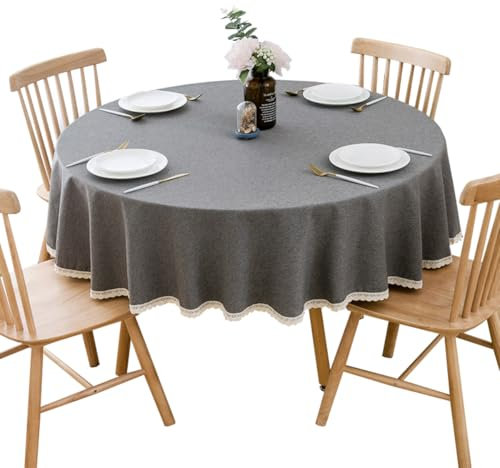 BHOMTY Runde Tischdecke aus Baumwollleinen,maschinenwaschbar, Dunkelgrau, Durchmesser 90 cm Geeignet für runde Tische mit einem Durchmesser von 40-50cm