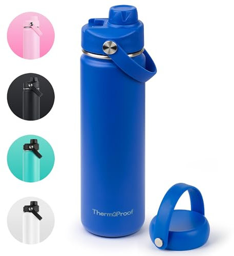 ThermoProof - Botella de agua de acero inoxidable con aislamiento al vacío de doble pared, boca ancha con tapas de pico y boquilla, apta para lavavajillas, reutilizable, a prueba de fugas, caliente y
