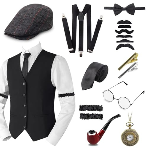 Grantop 20er Jahre Herren Accessoires Set, Mafia Karneval Kostüm Herren, 1920 Kostüm Zubehör Set mit Panama Hut Verstellbarem Hosenträger Krawatte Brille Peaky Blinders Kostüm Gatsby Kostüm