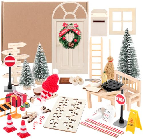 AIVORO Wichteltür Set inkl. Backset, Zauberhafte Wichteltür Komplettset, Miniatur Wichtel Zubehör Weihnachten mit Baustelle (wichteltür Set XL)