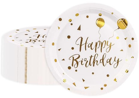 50 Pcs Party Paper Plates 9 inch, Happy Birthday Black and Gold Foil Polka Dots 23cm Dinner Disposable Plate Tableware for Graduation Wedding Children's Day Birthday Camping Picnics All Occasions