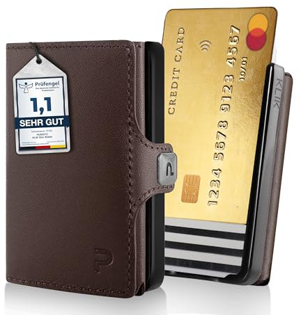 PURISTO KLIK Minimal Slim Wallet mit Münzfach - Mini Geldbeutel und Kartenetui für Herren aus Echtleder - Kleines Portemonnaie mit RFID Schutz für 6-8 Karten - Dunkelbraun