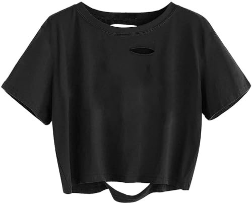 Sofia's Choice Damen Crop Top Ripped T Shirt Bauchfrei Kurzarm Basic Einfarbiges Oberteil Schwarz M