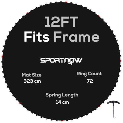 SPORTNOW Trampoline Replacement Mat with Eight Rows of Stitching, Spring Pull Tool, 72 V-Hooks, for 12ft Trampoline, Using 14cm Springs, Trampoline Jumping Mat, Black