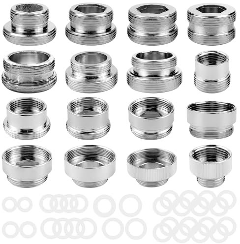 16 Piezas Adaptador Grifo Kit, con 30 Espaciadores, Cobre Plateado Adaptador Grifo Cocina, Grifo Accesorios, para Manguera de Jardín, Rociador de Fregadero, Filtro de Agua (1)