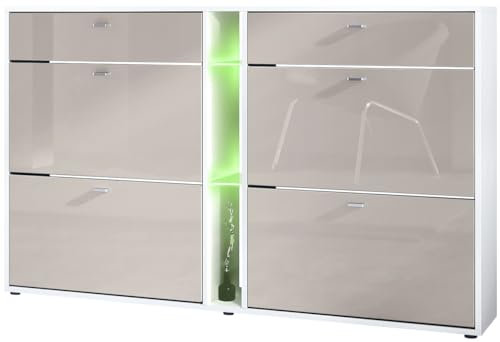 Vladon Schuhschrank Schuhkipper Today 155,5 x 95 x 28 cm, mit RGB LED Beleuchtung, Made in Germany, Korpus in Weiß matt, Fronten in Sandgrau Hochglanz