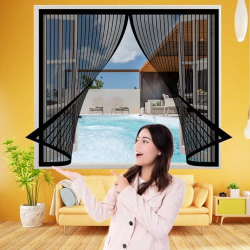 Zanzariera per Finestra 112 x 190 cm, Zanzariera Magnetica Rete, Chiusura Automatica per Porte Finestre Balcone Soggiorno, Nero