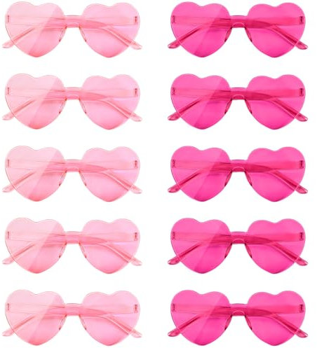 NACHLYNN 10 Paar Herz Sonnenbrille Rosa Rosenrot Farben Randlose Herzförmige Sonnenbrille für Damen Transparente Bonbonfarbene Herzbrille für Valentinstag Partygeschenke