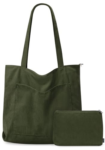 GASSDA Handtasche Damen Groß Shopper Tasche Damen Cord Tasche Tote Bag mit Reißverschluss für Arbeit Einkaufen Fitness Reisen (A-Grün)