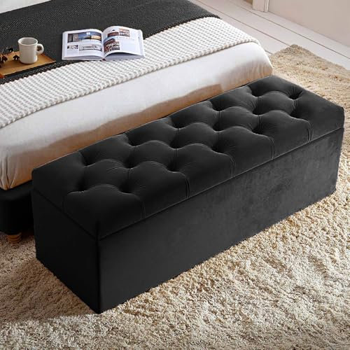 AZ Interiors Royal Furniture 120cm Wide Ottoman Storage Box, Milan Ottoman Bench with Storage, Large Velvet Upholstered Blanket Box, End of Bed Bench, Shoe Storage Bench (Black Velvet)