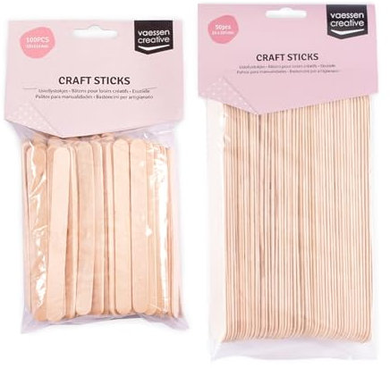 Vaessen Creative Palos de Madera 150 Piezas de 2,5 x 20 cm y 1 x 11,4 cm – Palitos de Abedul para Manualidades, Creaciones 3D y Decoraciones, Natural, Verschiedene