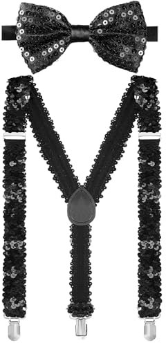 Jadive 2 Pcs Pailletten Hosenträger Set Y Clip mit Glitzer Fliege Krawatte Schleife Kostümzubehör für Disco Karneval Halloween Mottoparty(Hosenträger-Fliege mit Pailletten,Schwarz)