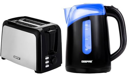 Geepas 2 Slice Bread Toaster & 1.7L Illuminating Electric Kettle Combo Set | 750W Toaster, 7 Level Browning Control, Defrost, Reheat & Cancel Function | 2200W Cordless Jug Kettle, Auto Shut Off