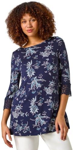 Roman Originals Floral Soft Stretch Jersey Top for Women UK - Ladies Everyday Autumn Winter Round Neckline Comfy Soft Evening Vacation Work Party Night Out - Navy Multi - Size 18