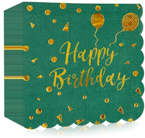 40 Stück Servietten Happy Birthday, Dunkelgrün und Gold Geburtstag Spitzen Servietten 33x33cm für Junge mädchen Geburtstag Feiern Party Jubiläum