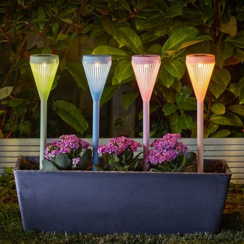 Festive Lights - Pack of 4 Multicoloured Tiki Stake Torch Lights - 43cm Height, Warm White LED, IP44 Rated, Outdoor Solar Garden Lighting for Pathways & Flower Beds, Festival Party Decoration