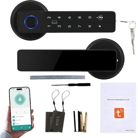 5-in-1 Fingerprint Door Lock Smart Lock Handle with APP Fingerprint IC Cards Password Backup Keys, Bluetooth Smart Door Knob for Home Bedroom Hotel Office Apartment