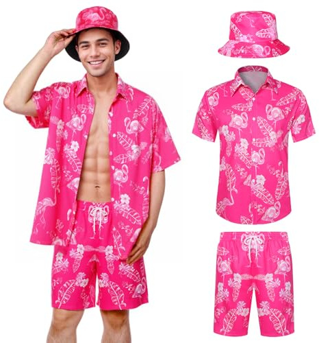 Joyesplay Lot de 3 chemises hawaïennes pour homme avec chemise flamant rose, short, chapeau de pêche, chemises hawaïennes, pour l'été, la plage, la piscine